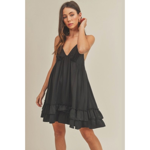 SOLD OUT Sonia - Black Tiered Ruffled Hem Flirty Slip Mini Dress - Picture 4 of 6